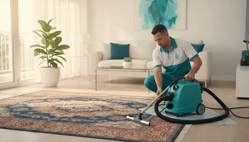 טכנאי ניקיון שטיחים מקצועי מכין ציוד בסלון בית מואר ונקי