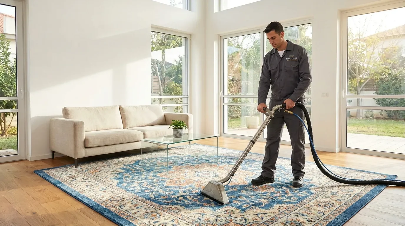 טכנאי ניקיון שטיחים מקצועי בסלון ביתי מואר ונקי