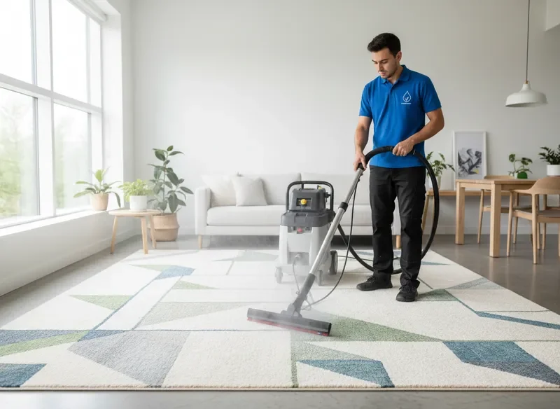 טכנאי ניקיון שטיחים מקצועי עובד על שטיח בסלון מודרני