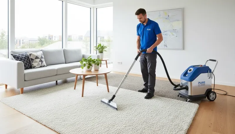 ניקיון שטיחים מקצועי בבית — טכנאי מנקה שטיח בסלון מואר